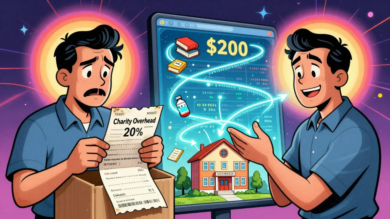 Split scene: old charity receipt vs. a blockchain donation transforming into impact.