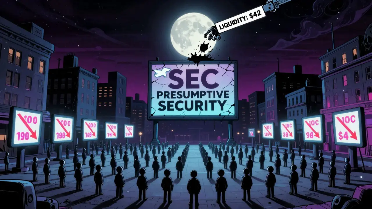 Thousands of frozen holders in a dark digital town under a SEC warning sign, with liquidity vanishing into a black hole.