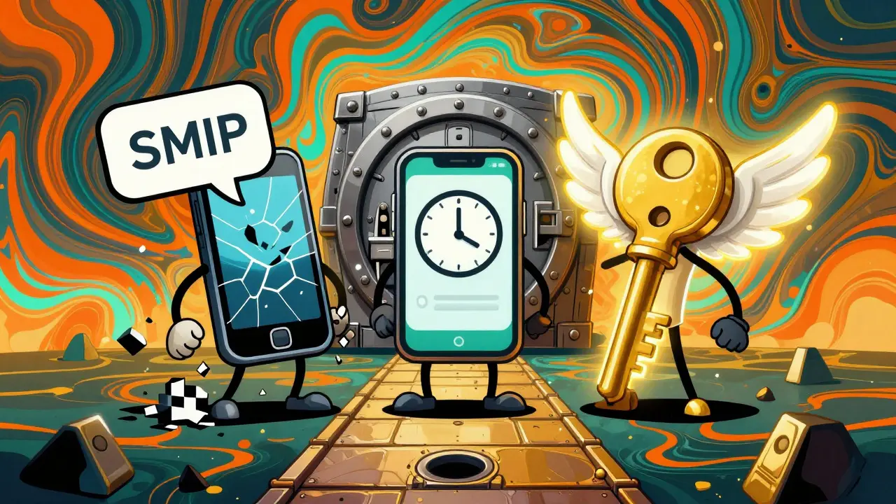 Three 2FA methods personified: a failing SMS phone, a steady authenticator app, and a powerful hardware key on a blockchain path to a secure vault.