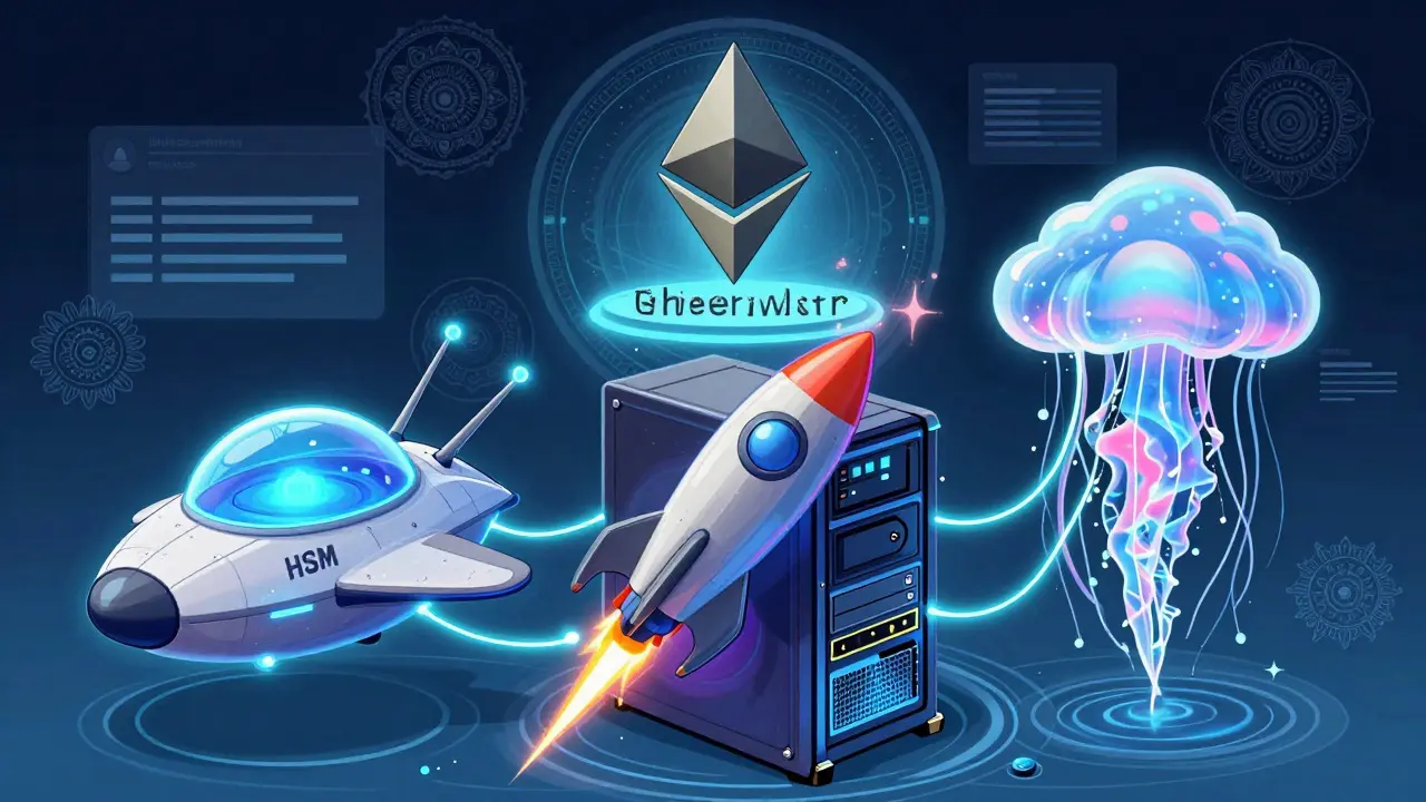 Three psychedelic HSM deployment styles as vehicles connected by neon veins, powering a validator node.