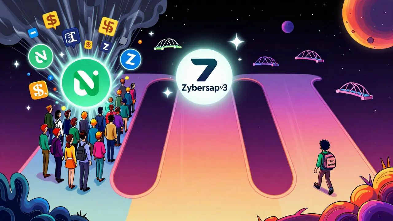 Three trading lanes in space: one busy with high fees, one quiet with Zyberswap v3, and a lone traveler choosing the low-cost path.