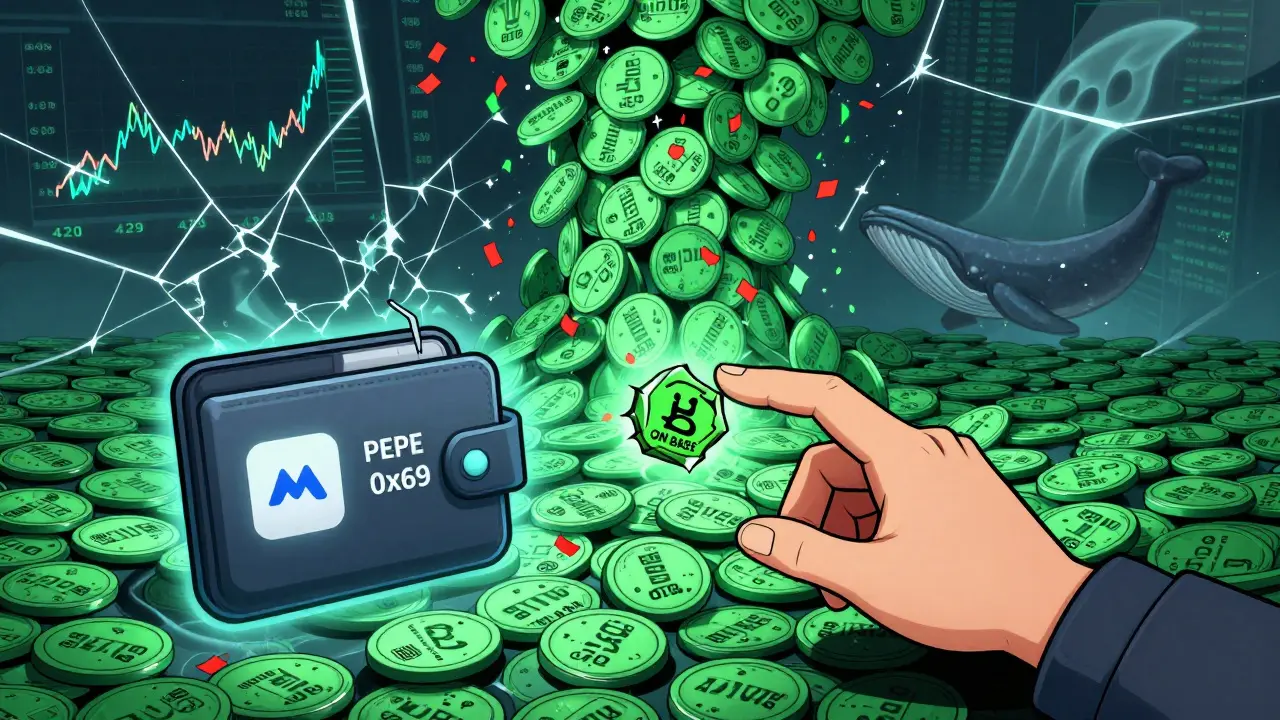 Trader reaching for a collapsing PEPE 0x69 ON BASE token amid a sea of dissolving supply and flickering DeFi interface.
