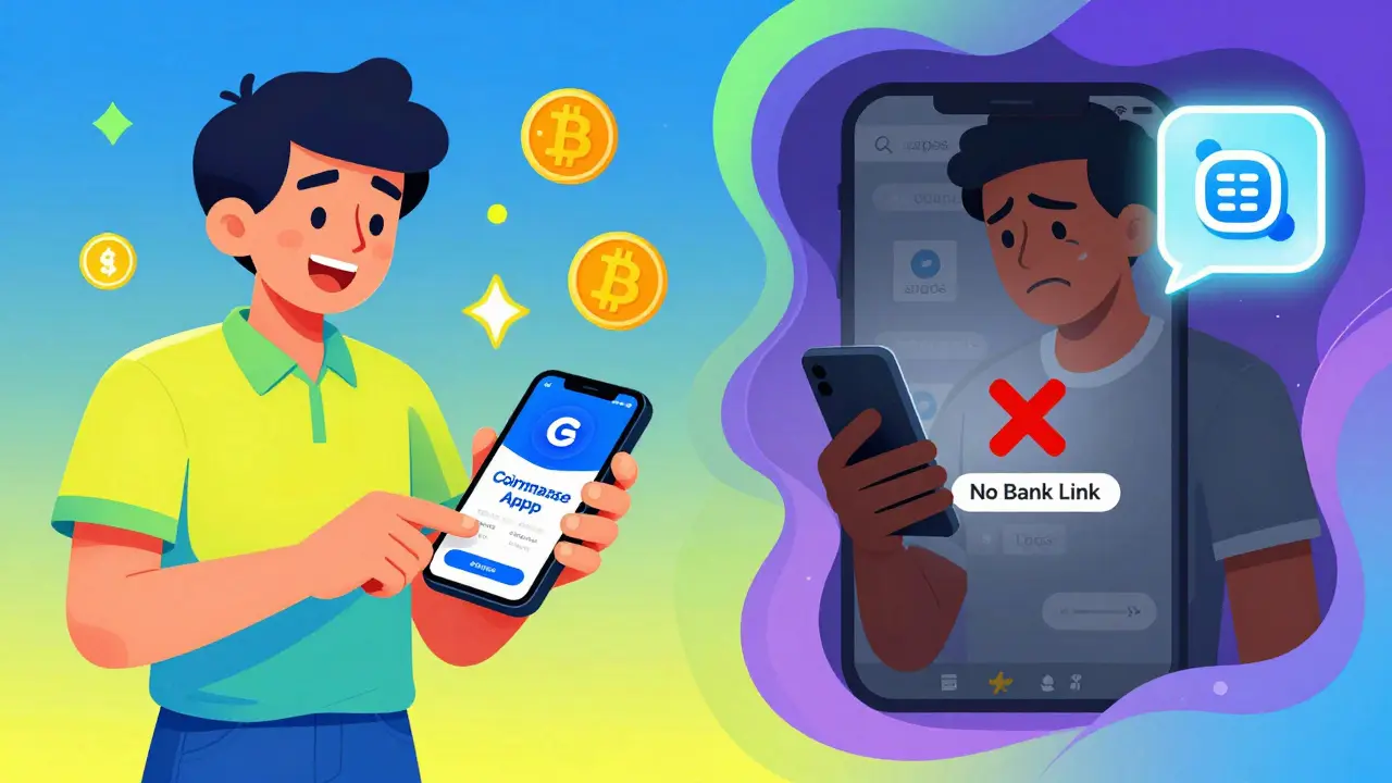 User in Berlin depositing crypto vs user in Lagos with blocked app, glowing wallet nearby