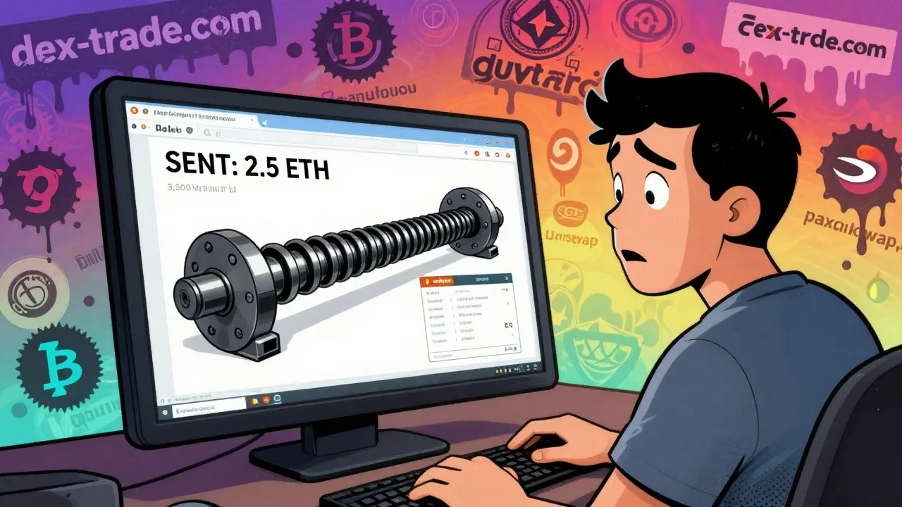 User shocked by axle PDF next to crypto transaction, surrounded by fake and real DEX websites in swirling colors.