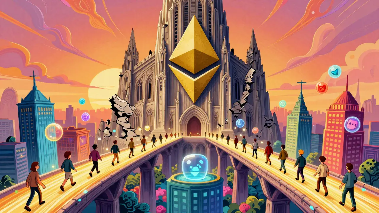 Users crossing glowing bridges from a crumbling Ethereum cathedral to vibrant Layer 2 cities, rendered in flowing psychedelic art.