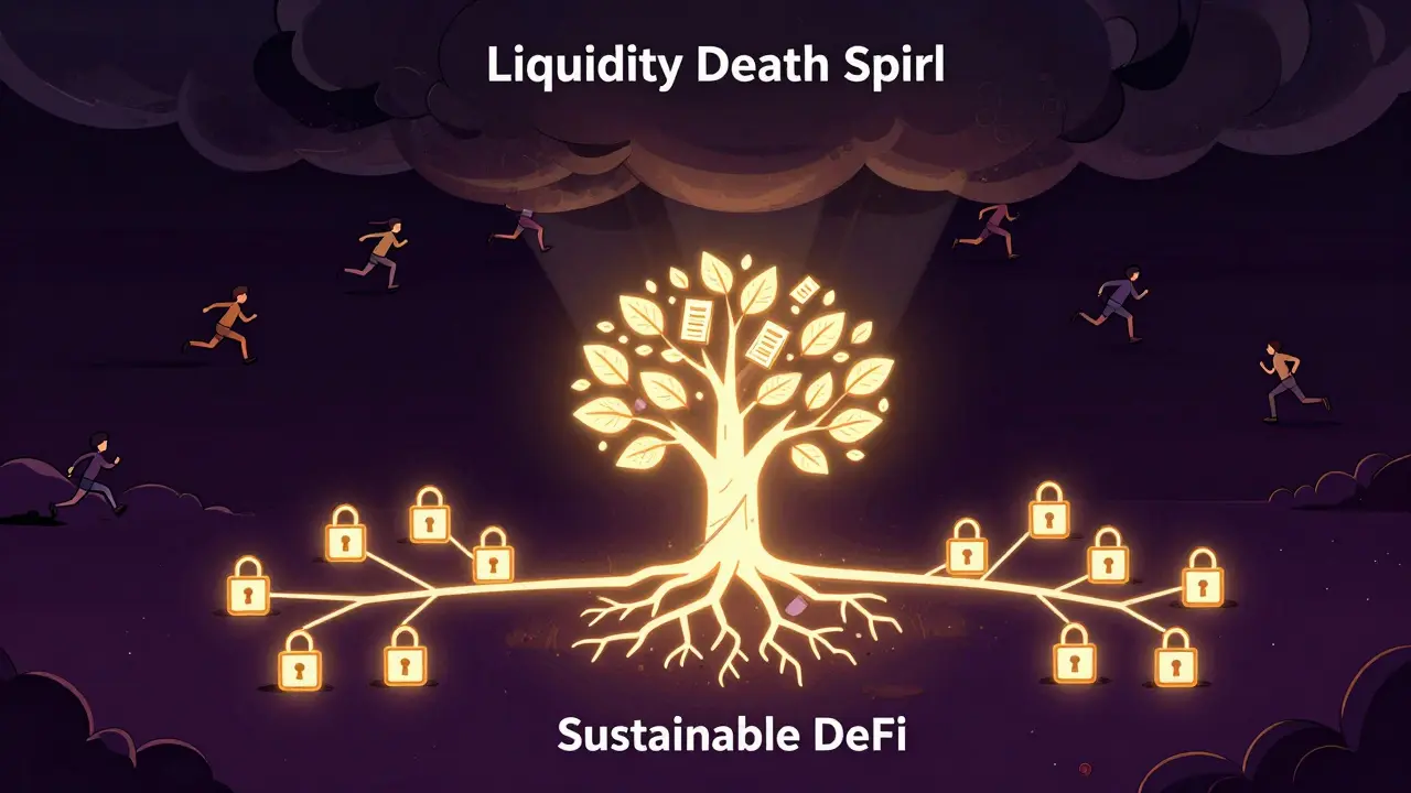 ve(3,3) model as a fragile tree of voting power under a dark liquidity death spiral cloud