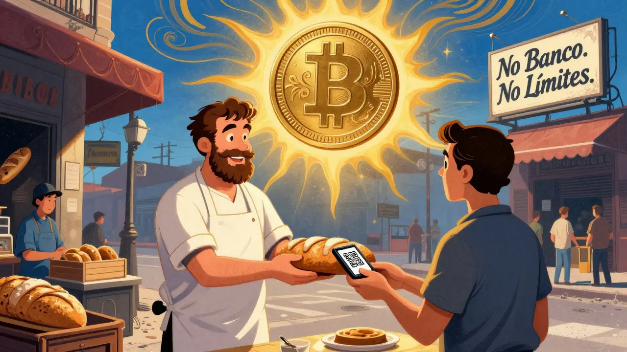 A baker in Buenos Aires accepts a Bitcoin payment from a customer, with a glowing USDT coin overhead.
