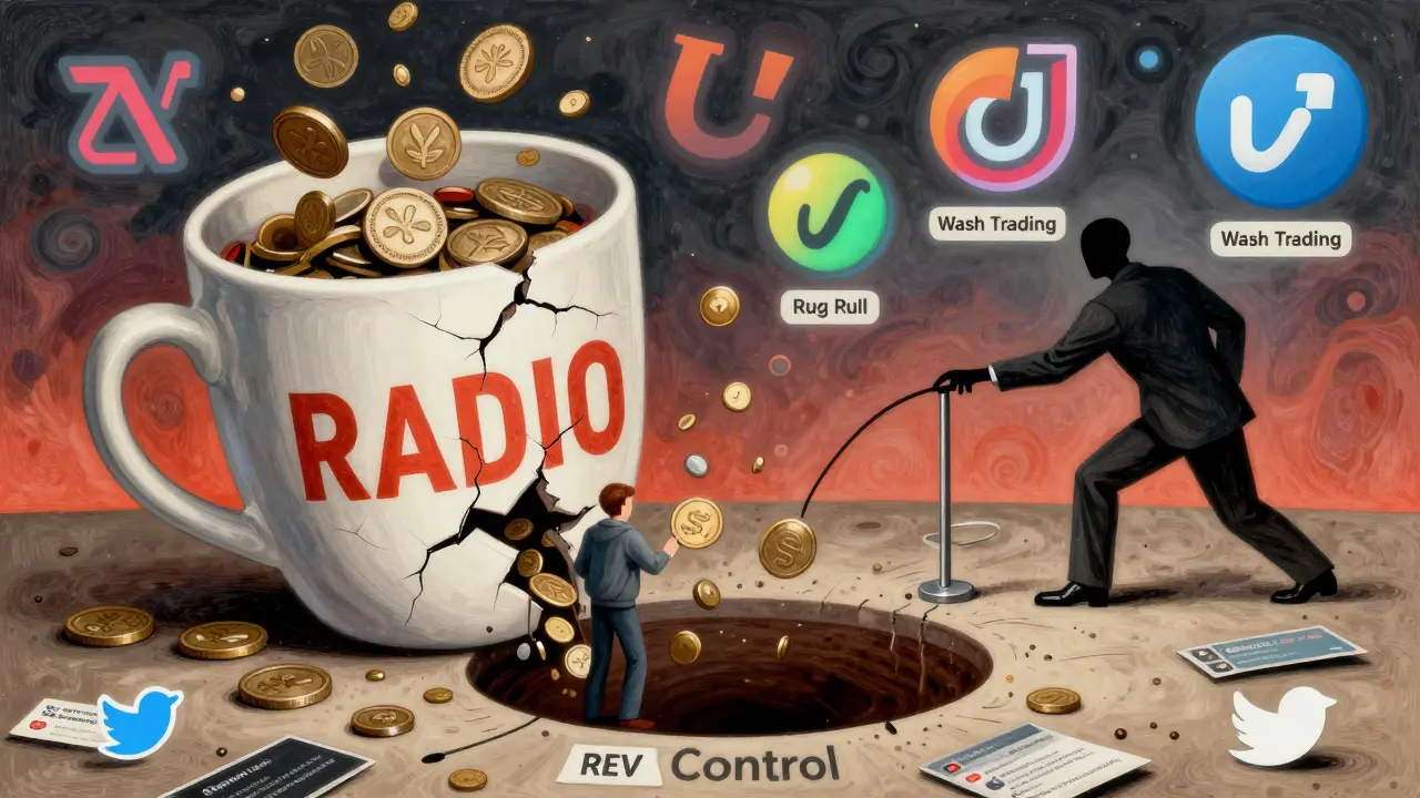 A coffee cup overflowing with worthless tokens as a user loses gas fees into a void, with a shadowy figure pulling rug-pull levers.