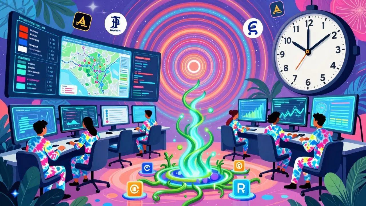 A compliance center with AI screens and staff monitoring crypto regulations under swirling global symbols.