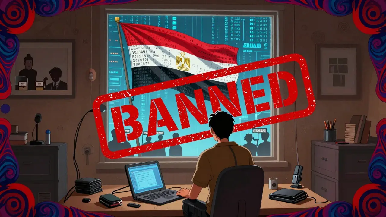 A developer surrounded by seized devices as a giant 'BANNED' stamp looms over them under a crypto-hashed flag.
