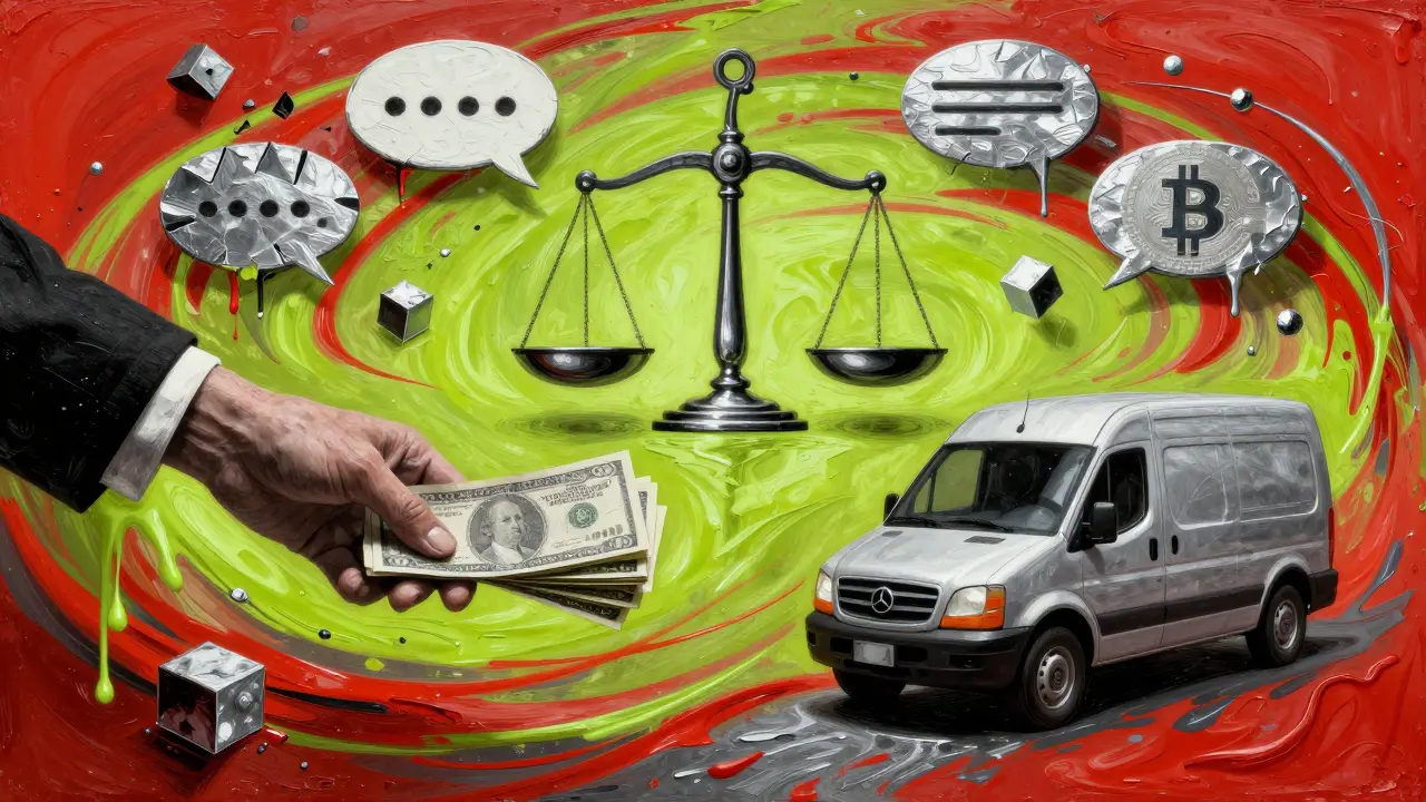 A disputed trade balanced by a third key, with floating payment and blockchain fragments in swirling colors.