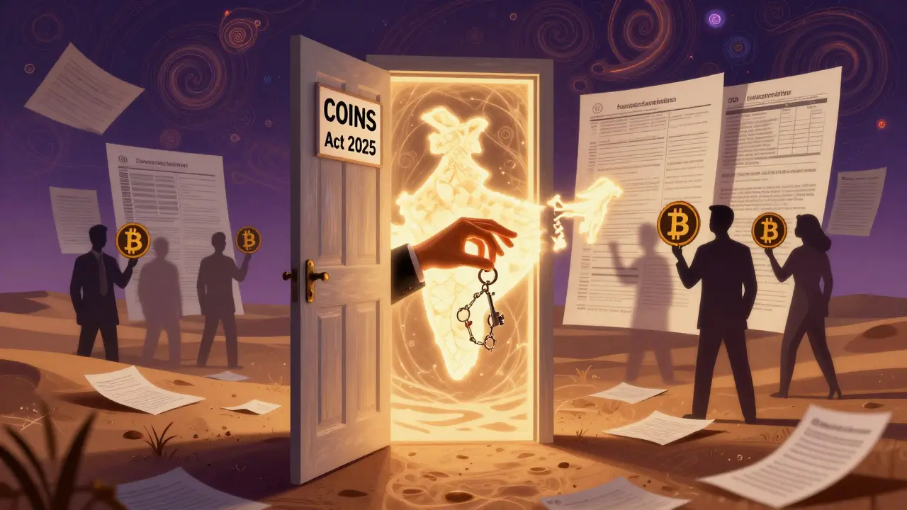 A door labeled COINS Act 2025 slightly open, with regulatory barriers blocking merchants in psychedelic art style.