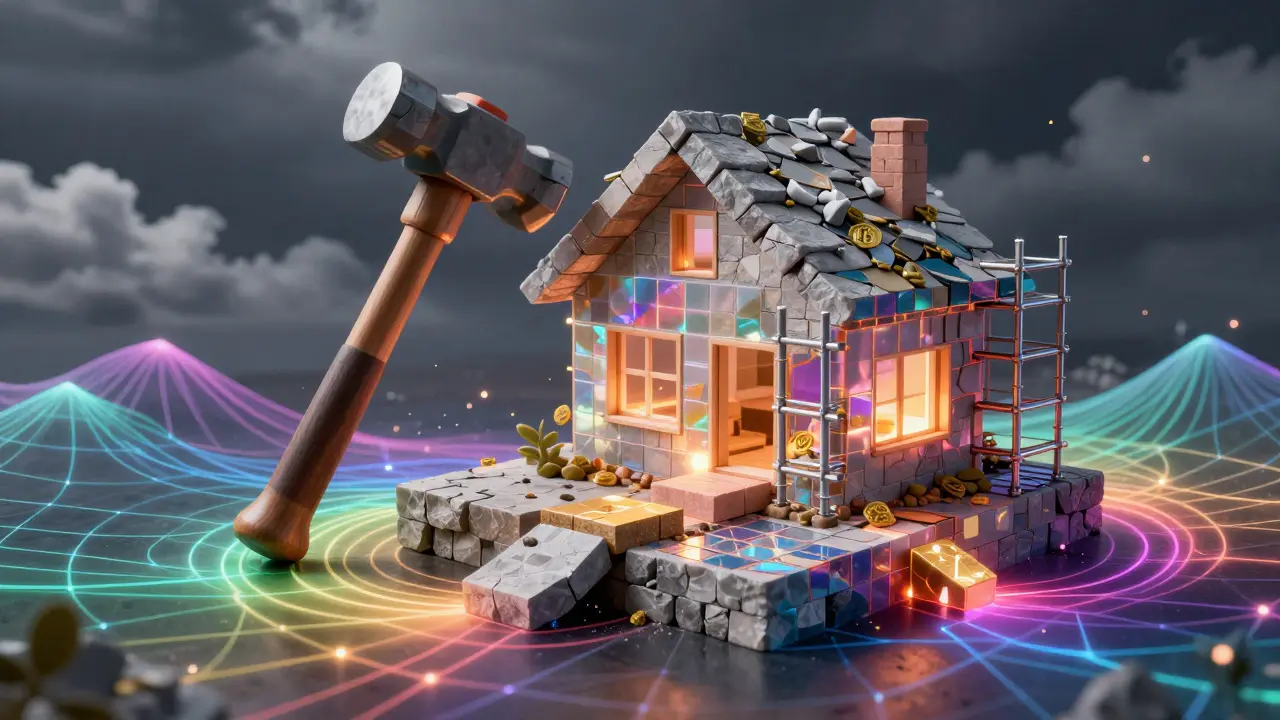 A house built from diverse blockchain materials, glowing with psychedelic colors under a stormy sky.