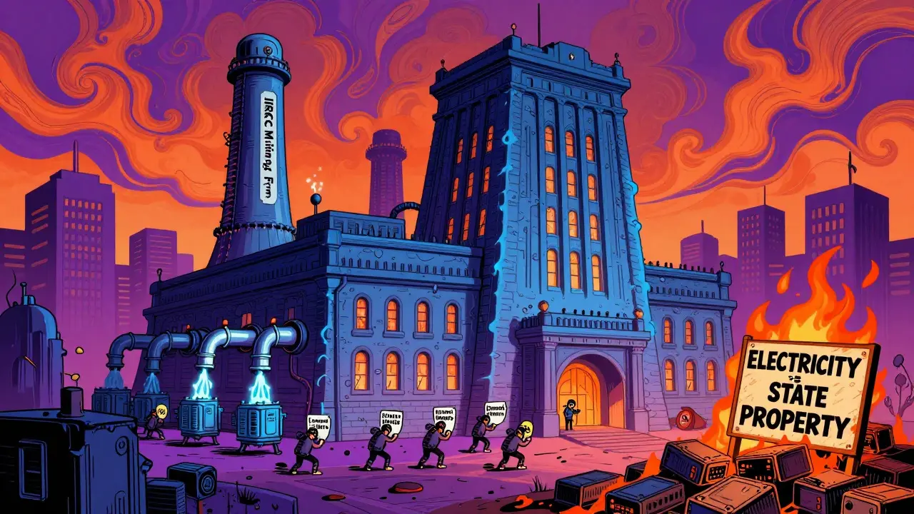 A massive government building siphons power for state-run mining while licensed miners struggle with overloaded equipment.