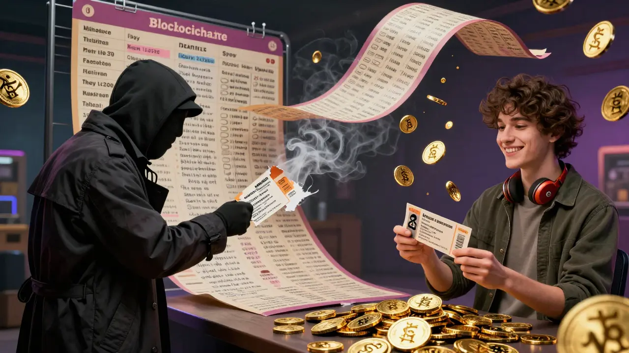 A scalper's fake ticket dissolves as NFT resale coins rain down on a musician, in Wes Wilson style.