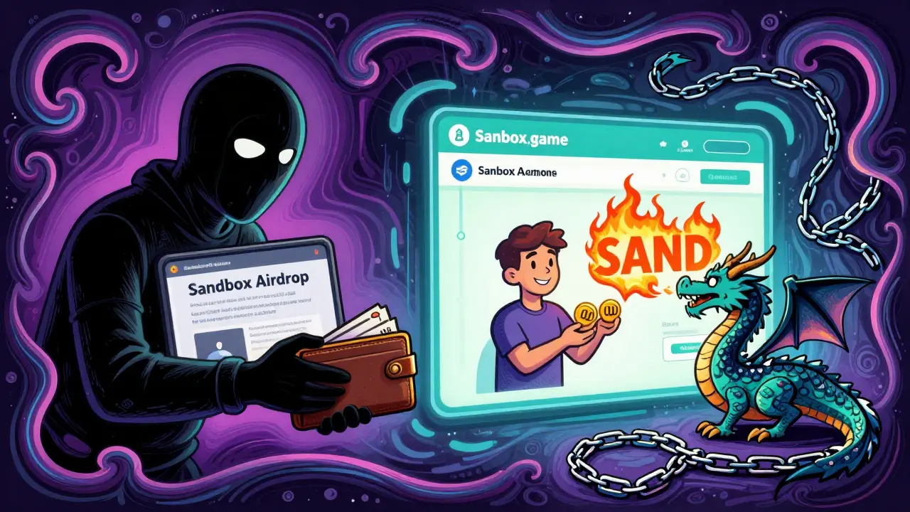 A side-by-side scene showing a scammer vs. a real user receiving SAND tokens, with blockchain dragons and psychedelic borders.
