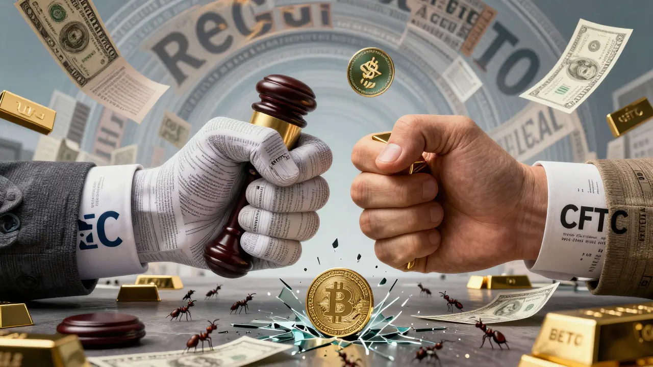 A surreal battle between SEC and CFTC regulatory fists, with shattered stablecoins raining down as legal notices.