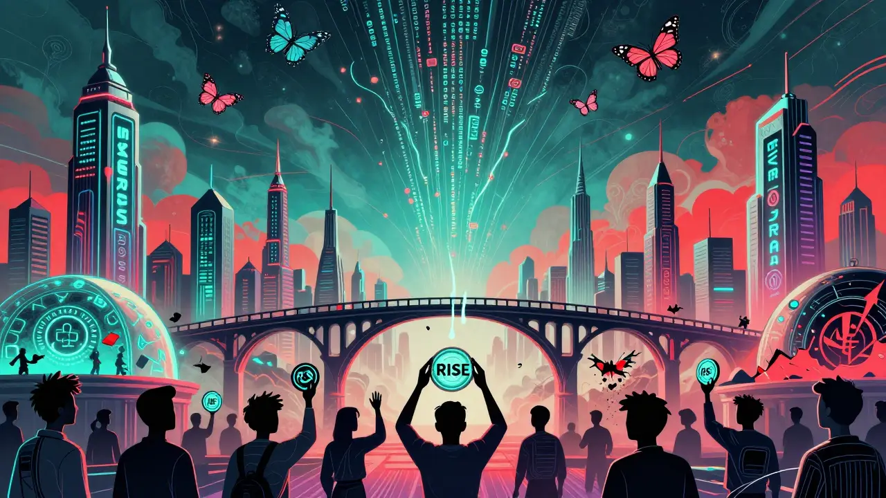 A surreal cityscape of DeFi tools with traders receiving rewards as transaction fees turn into code butterflies.