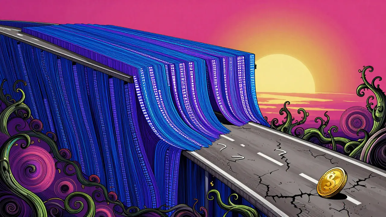 A towering order book depicted as a psychedelic highway, with one smooth, busy lane and one barren, cracked lane, surrounded by hypnotic patterns.
