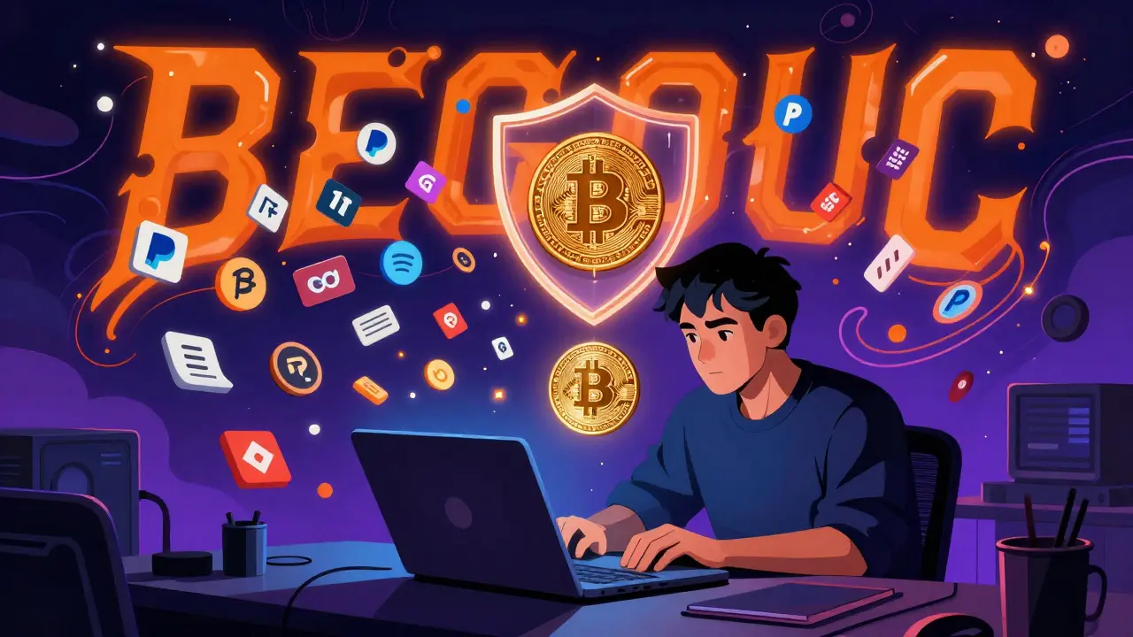 A trader surrounded by 370 payment methods as a Bitcoin enters their wallet under protective escrow glow.