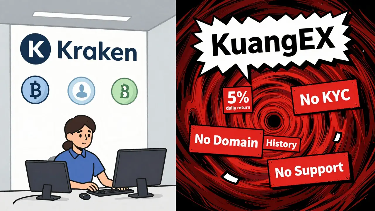 A trustworthy exchange contrasts with a flickering, warning-filled KuangEX scam in vibrant psychedelic style.