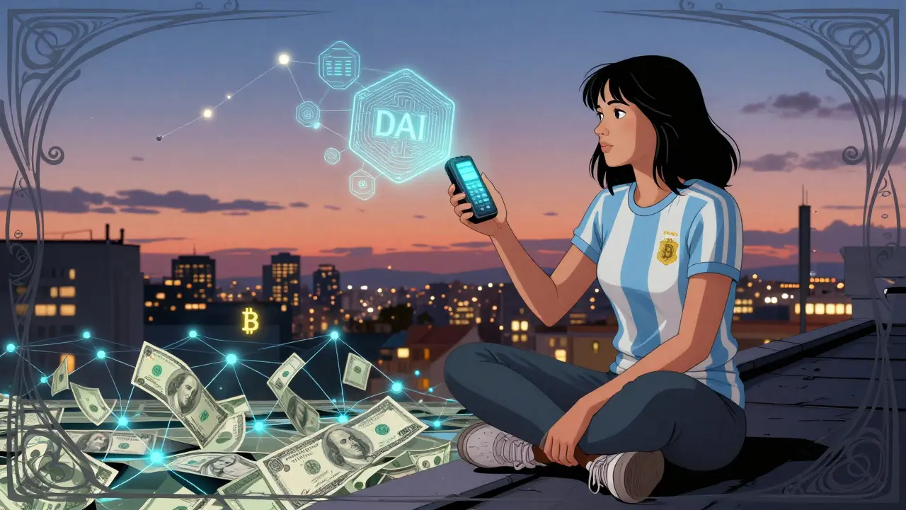 A woman on a rooftop watches DAI's blockchain ledger float above her, as peso bills transform into digital nodes.