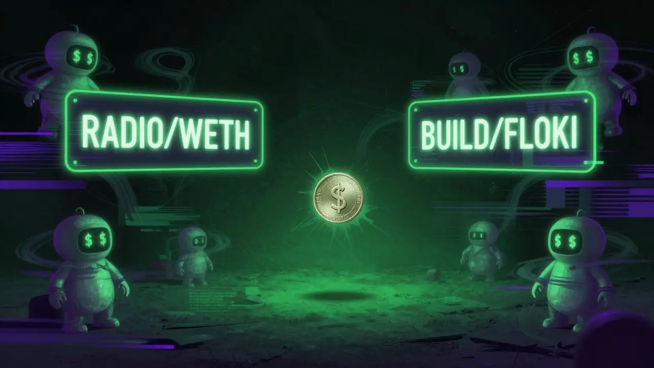 An empty crypto exchange interface with flickering trading pairs and bot avatars glowing in neon hues.