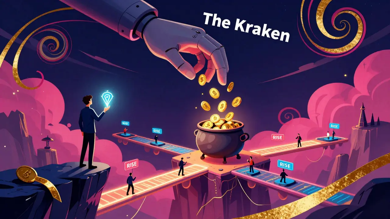An investor holds a glowing RISE NFT Stake as The Kraken rains buyback tokens into a staking pool across floating blockchains.