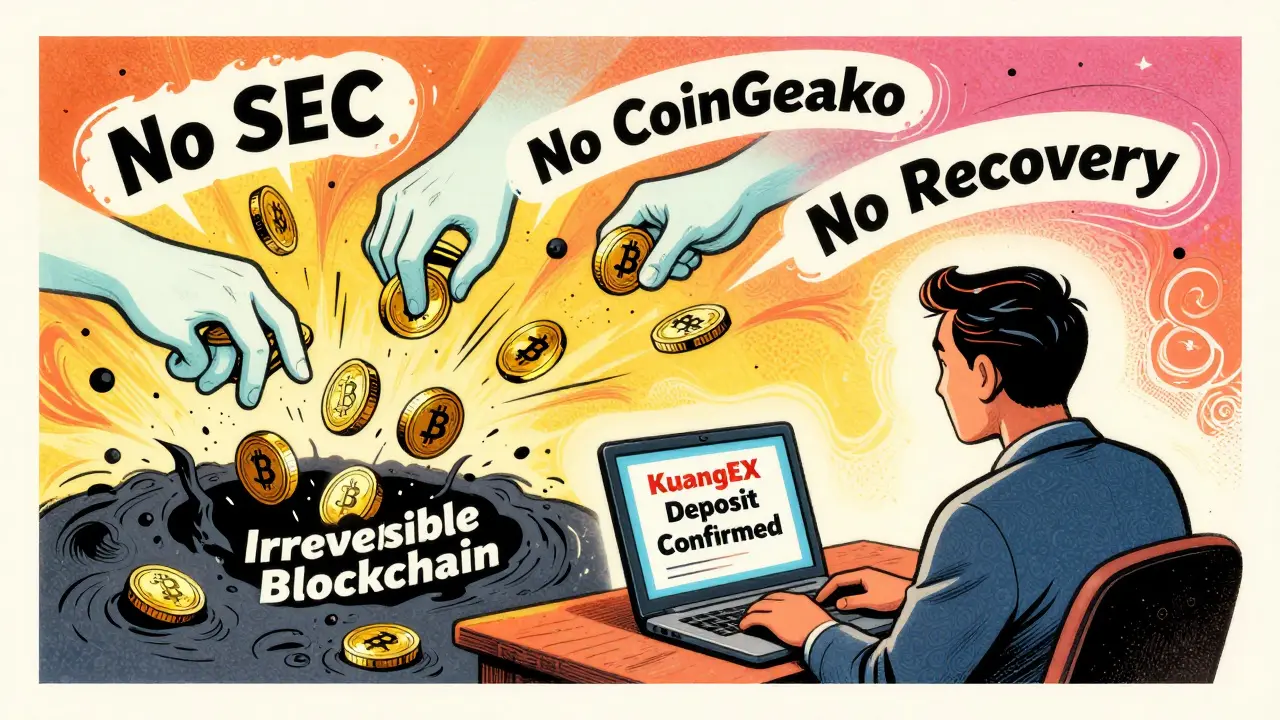 An investor watches coins vanish into a black hole labeled 'Irreversible Blockchain' as warnings float above.