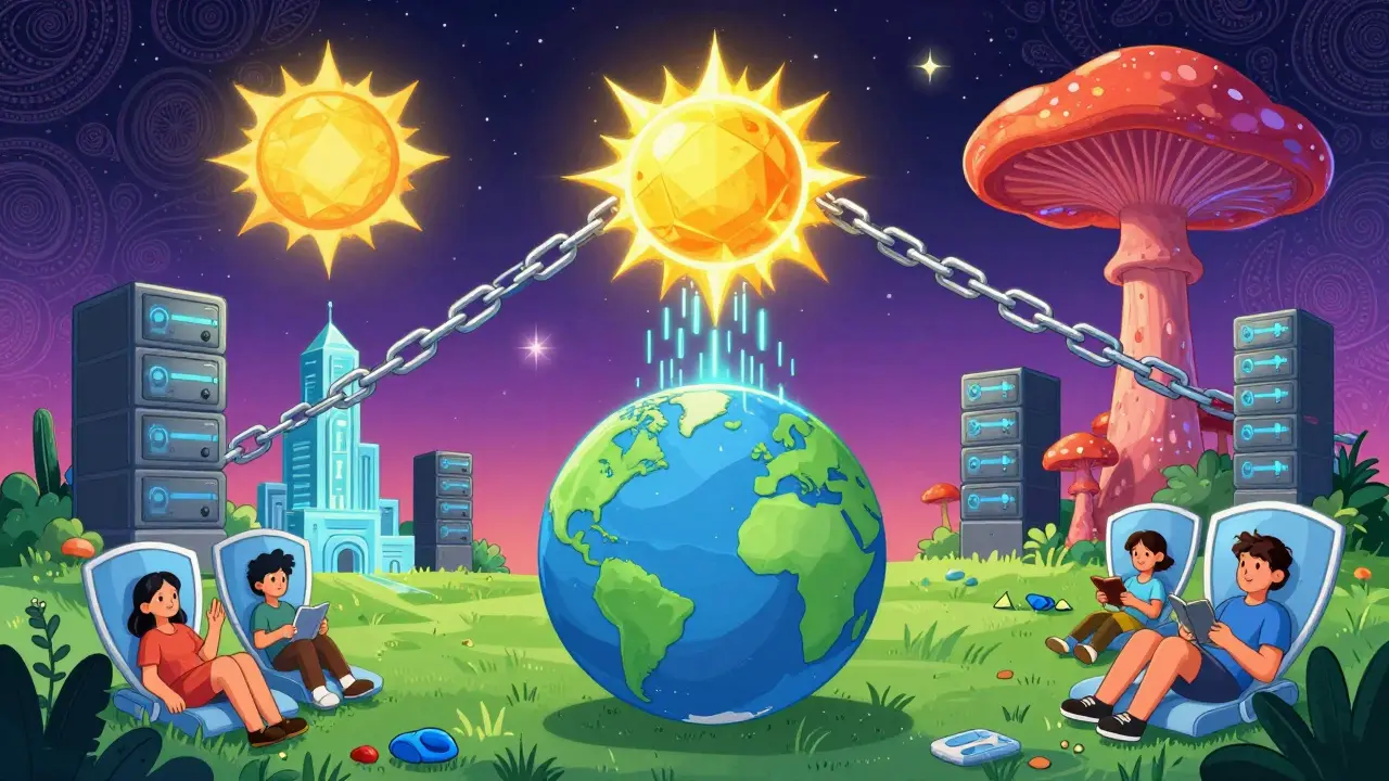 Chainlink and Filecoin infrastructure connecting blockchain sun to Earth with Brave Browser users under ad-blocking shields.