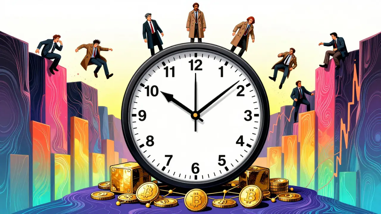 Clock shaped like a Bitcoin block showing 14 months, with institutional figures stable on blockchain foundation as traders fall.