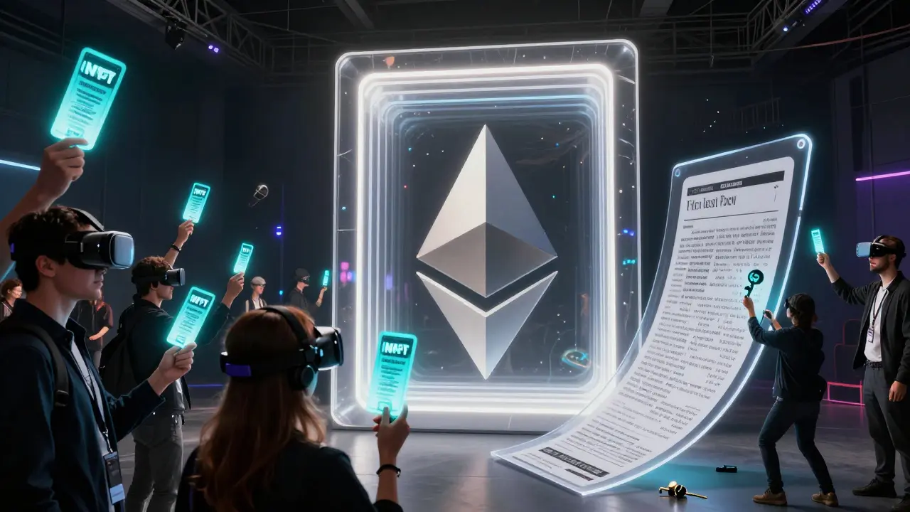 Fans in VR headsets access holographic perks via glowing NFT tickets, in Wes Wilson style.