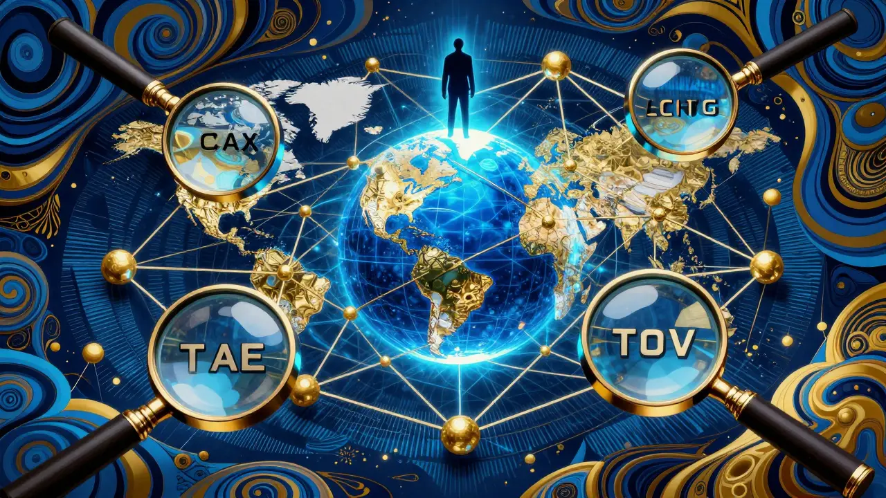 Global blockchain network with tax authorities observing in abstract patterns