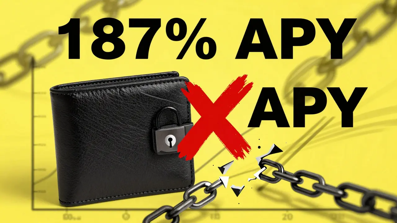 Impossible APY graph with red X and broken chains in psychedelic style.