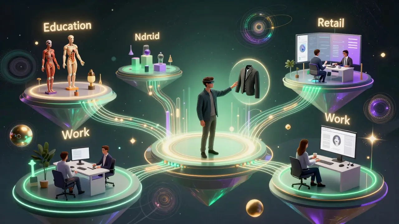 Interconnected niche metaverses linked by glowing blockchain filaments, with a person reaching for a transforming NFT jacket.