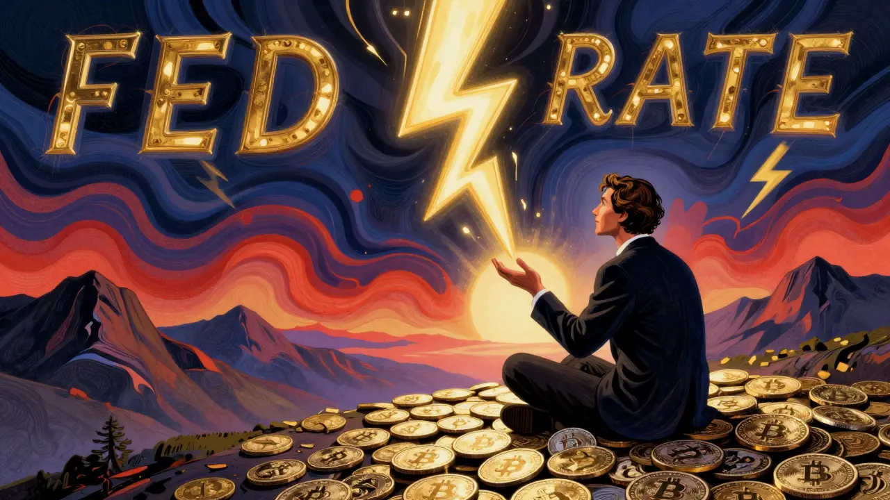 Investor calmly buying crypto during a storm of fear, with recovery light on horizon, all in swirling psychedelic style.