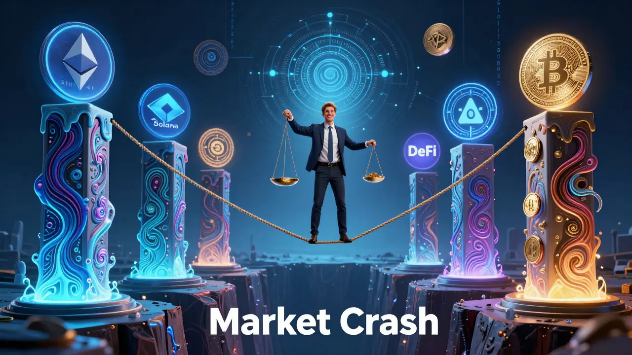 Investor walking a tightrope between five blockchain pillars, surrounded by swirling cosmic patterns.