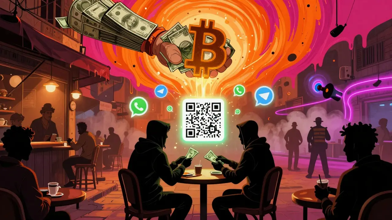People trading cash for crypto in a Cairo coffee shop while a giant hand made of money crushes a Bitcoin above.