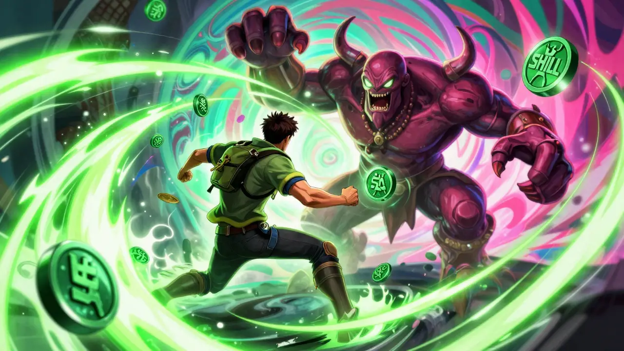 Player defeating boss to earn SHILL tokens in game quest.