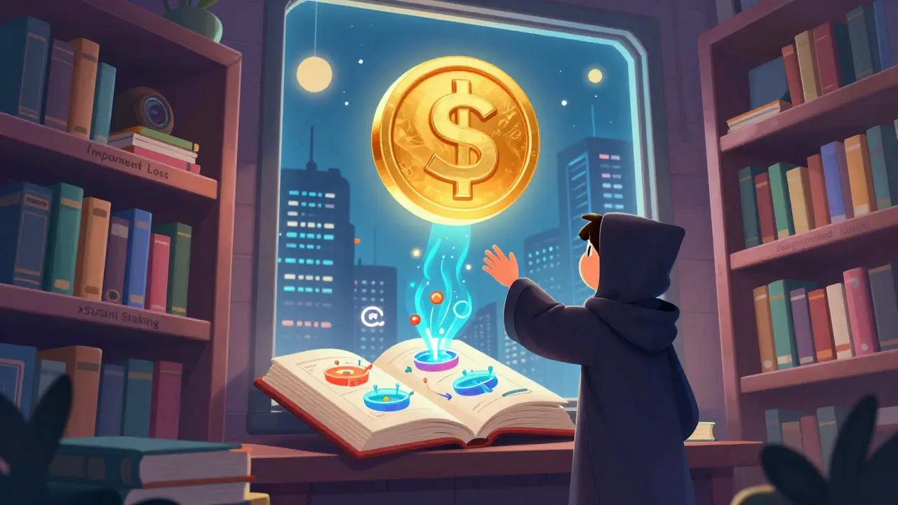 Psychedelic library called Sushi Academy with floating educational books and a giant SUSHI token above a DeFi city.