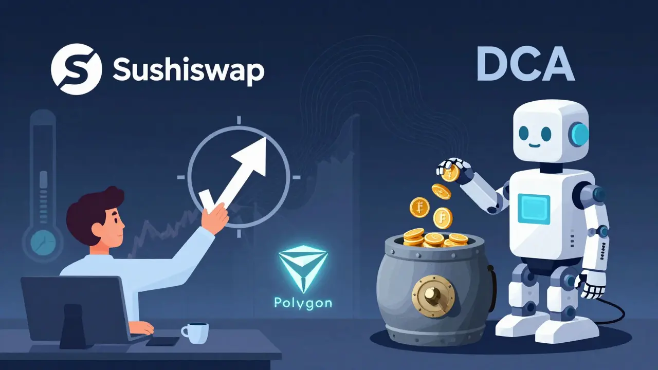 Split-screen of limit order and DCA tools with SushiSwap logo and Polygon background in psychedelic art style.