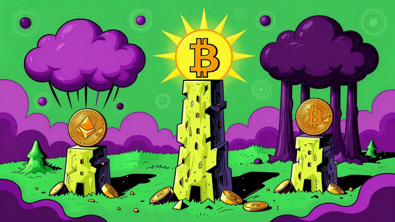 Three crypto towers: Bitcoin stands strong while two smaller ones collapse under a shadowy mining cloud, in swirling psychedelic colors.