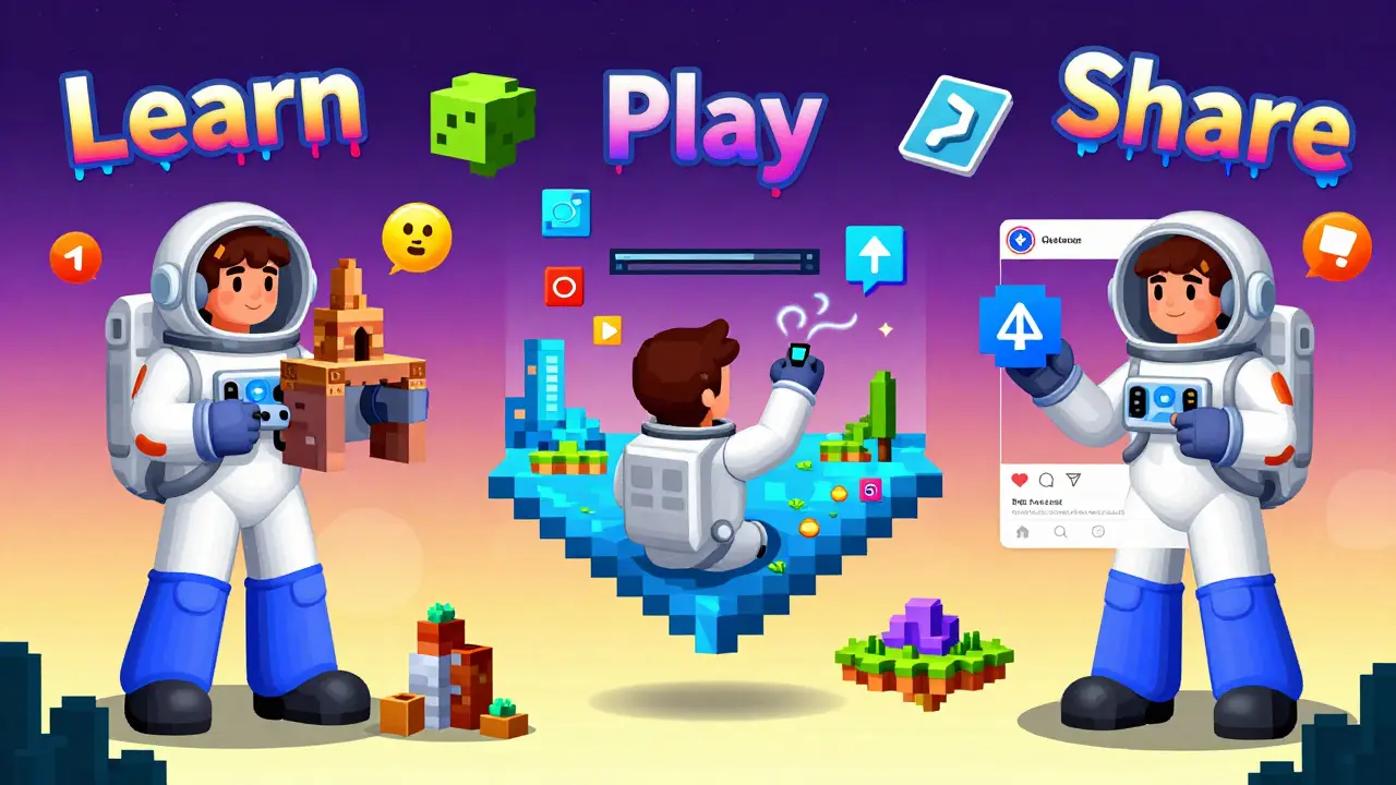Three users in retro space suits building, playing, and sharing in a surreal Sandbox landscape filled with glowing NFTs and task icons.
