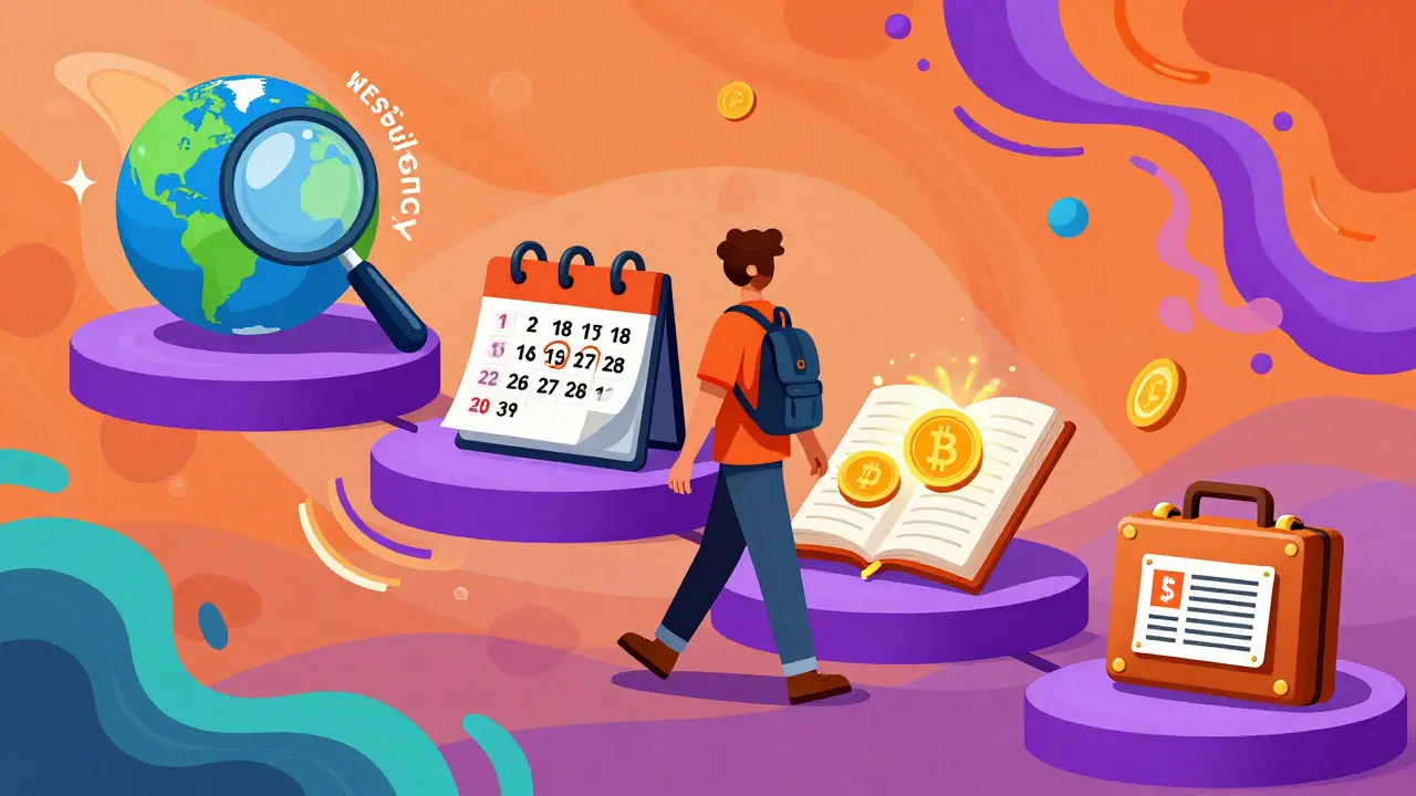 Traveler walking along abstract tax steps with symbols and vibrant colors