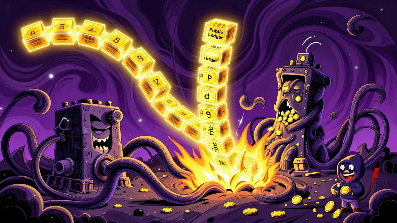 Two blockchain chains compete, one light and official, the other dark and secret, with a hoodie figure profiting from the chaos.