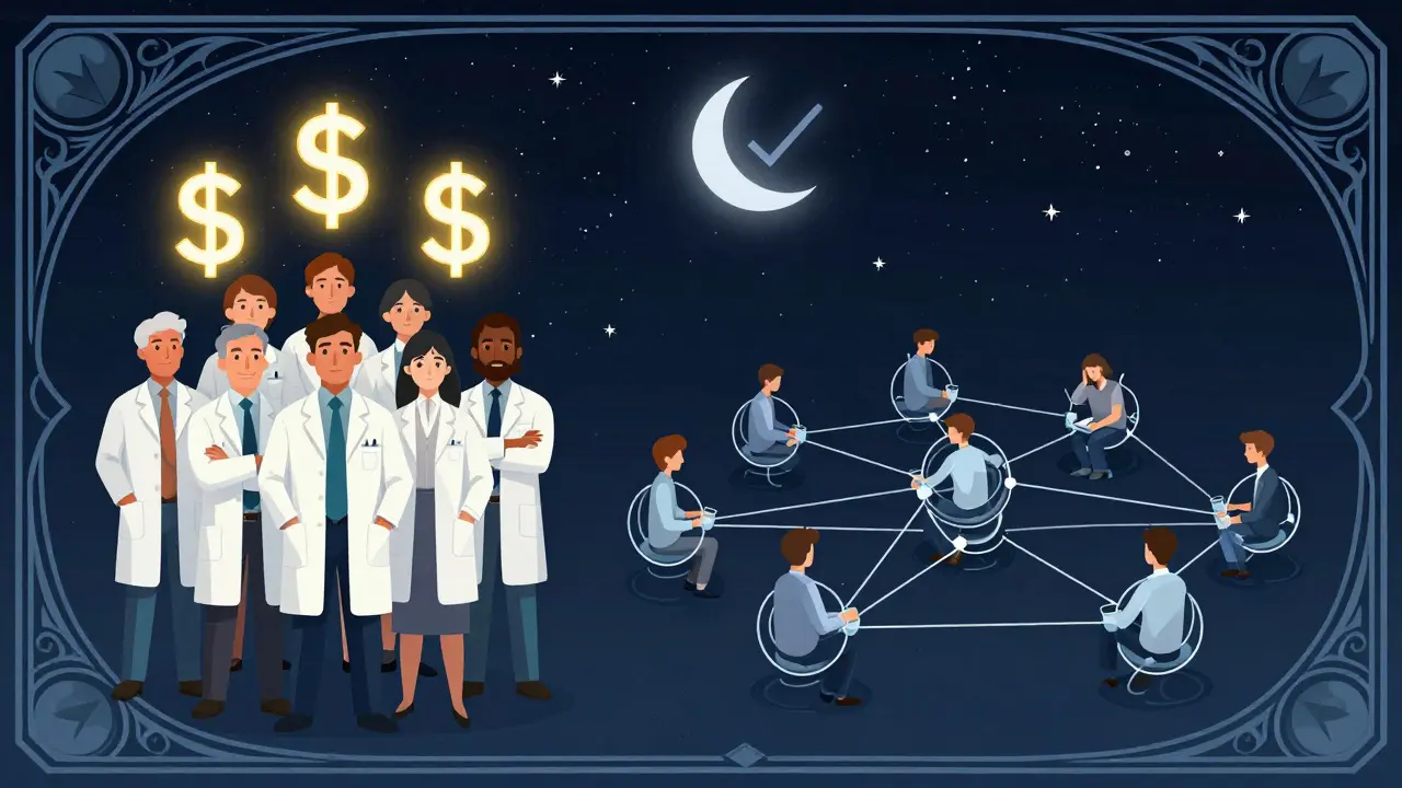Two contrasting scenes: centralized token sale with profit promises versus decentralized Ethereum network with no central figure.