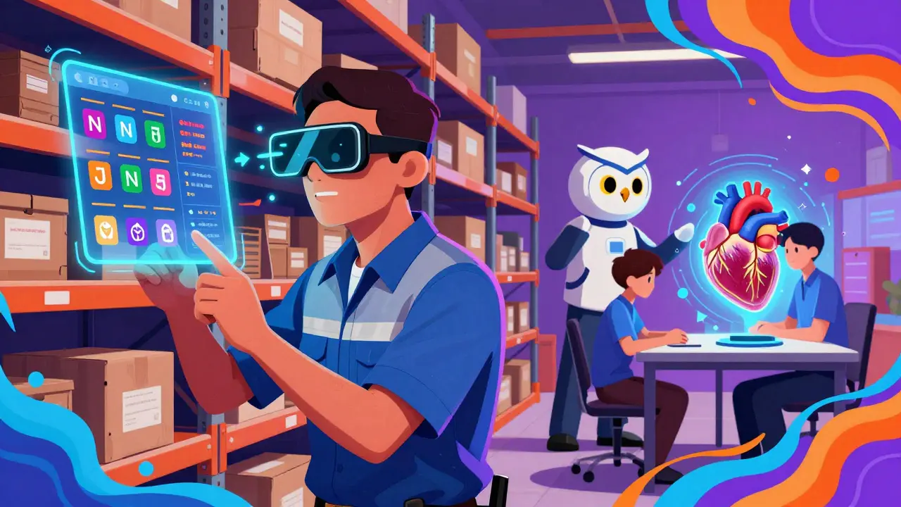 Worker using AR glasses in a warehouse with floating blockchain data and an AI owl assistant nearby.