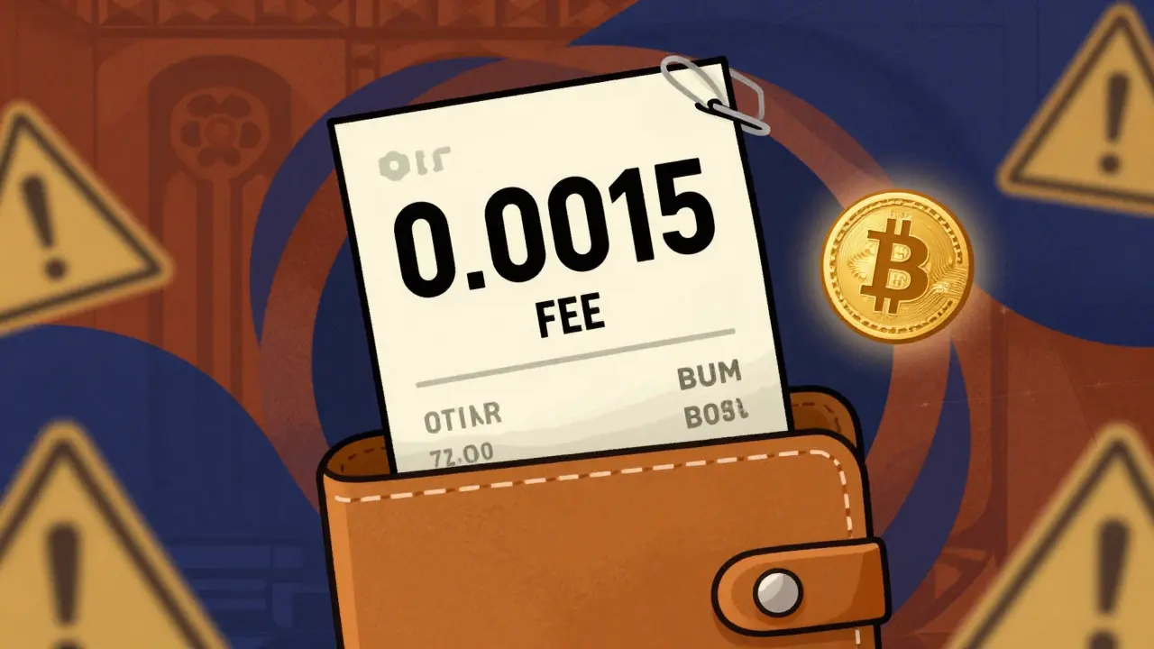 A Bitcoin withdrawal receipt with a huge fee, surrounded by abstract Georgian patterns in retro psychedelic colors.