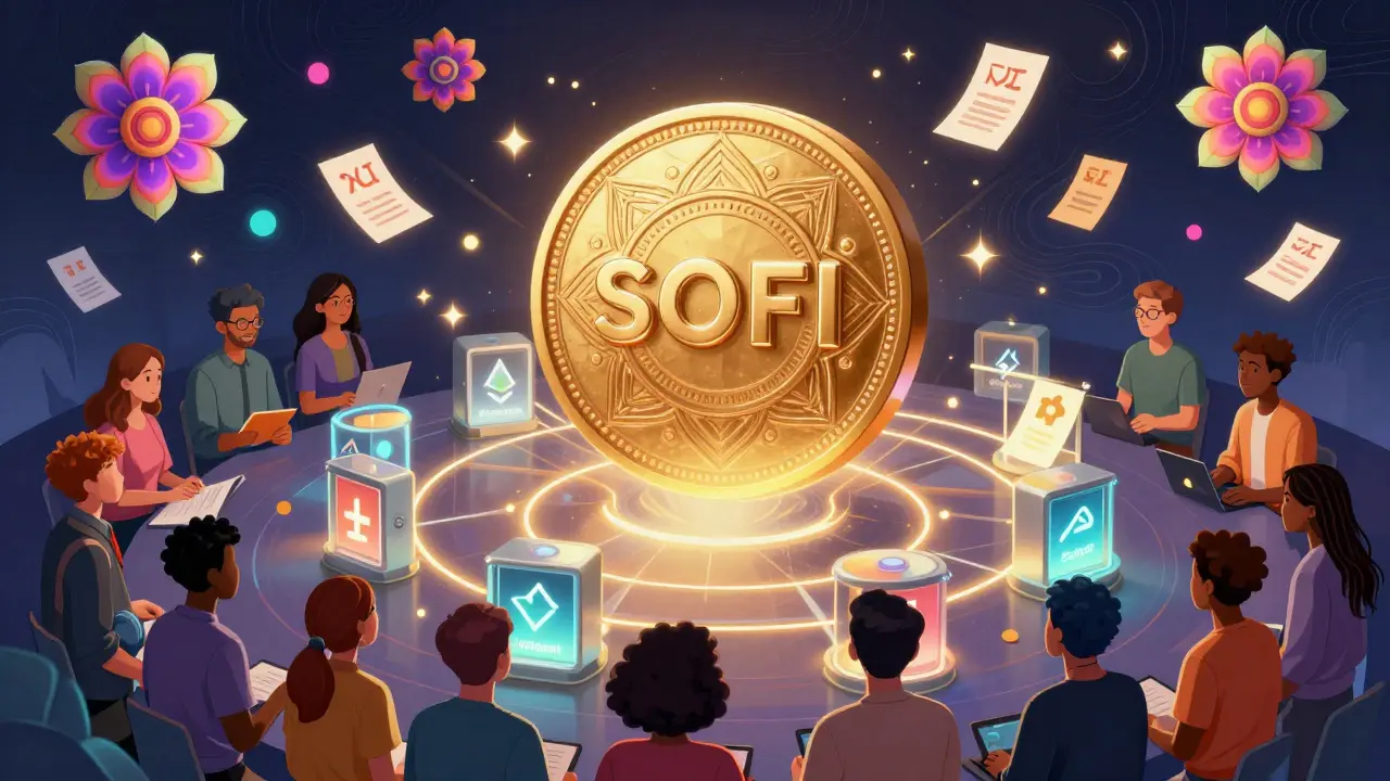 A community gathered around a floating SOFI token mandala, with voting ballots and blockchain connections in swirling psychedelic art.