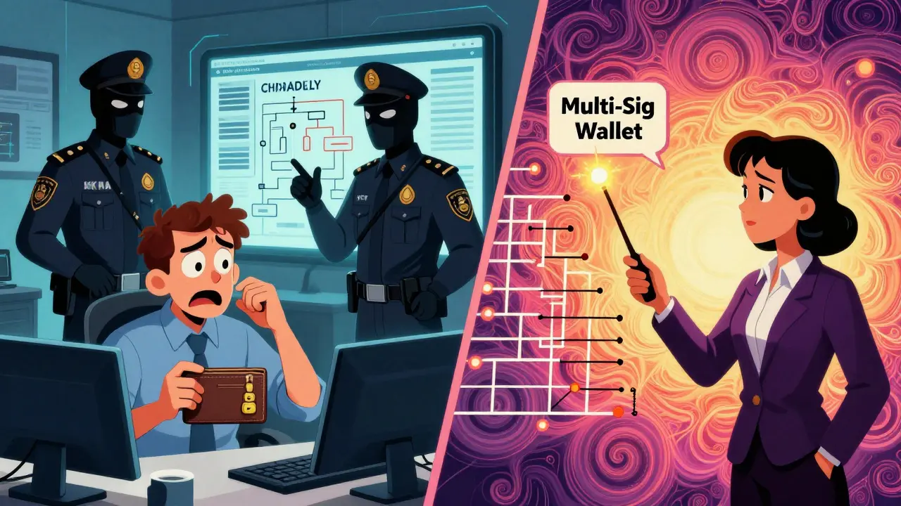 A divided office scene with crypto traders, dual regulators arguing, and a compliance officer using a multi-sig wallet to organize transactions.